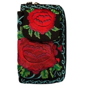 Women’s Embroidered Floral Rose Crossbody‎ Cellphone Wallet Clutch Bag